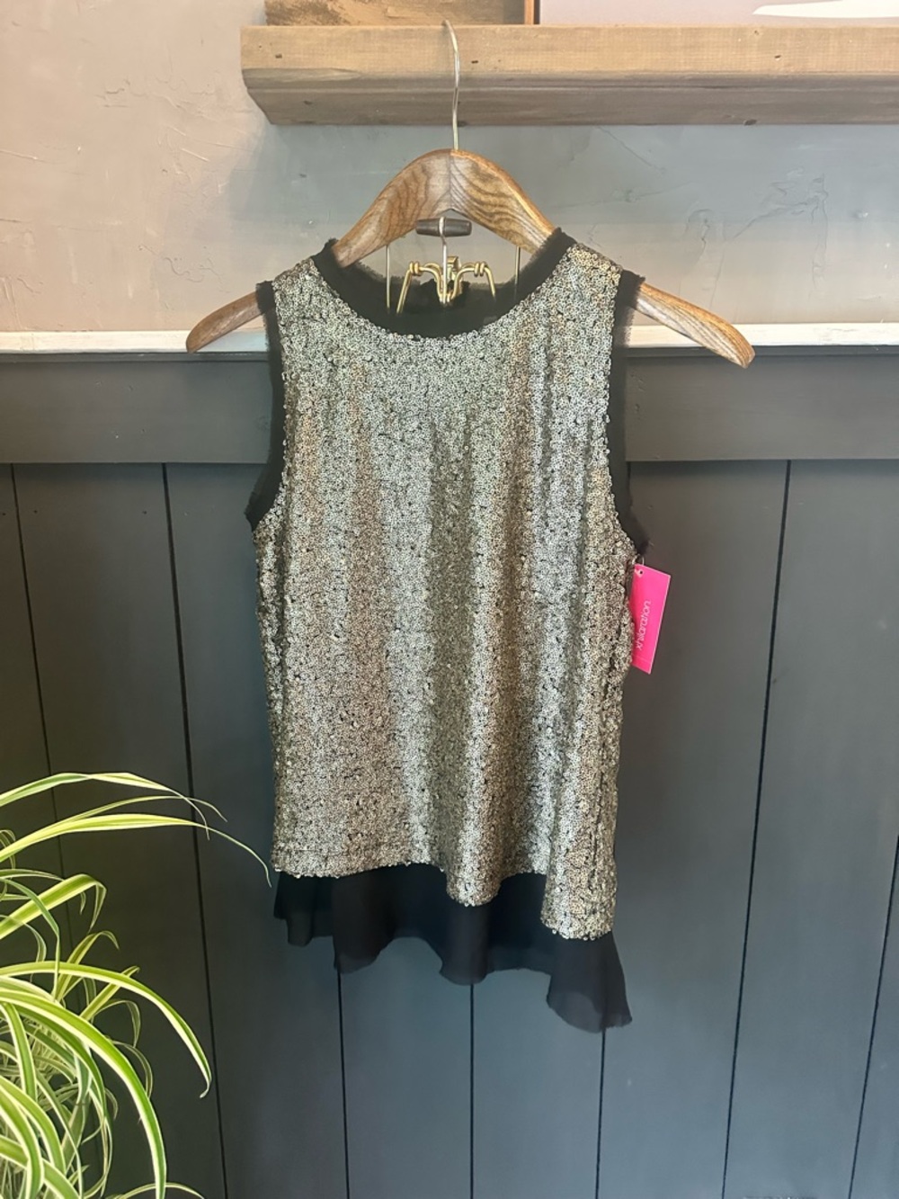 NEW Xhilaration Gold Sequin Sleeveless Top Sheer Black Hem M Y2K Party Glam